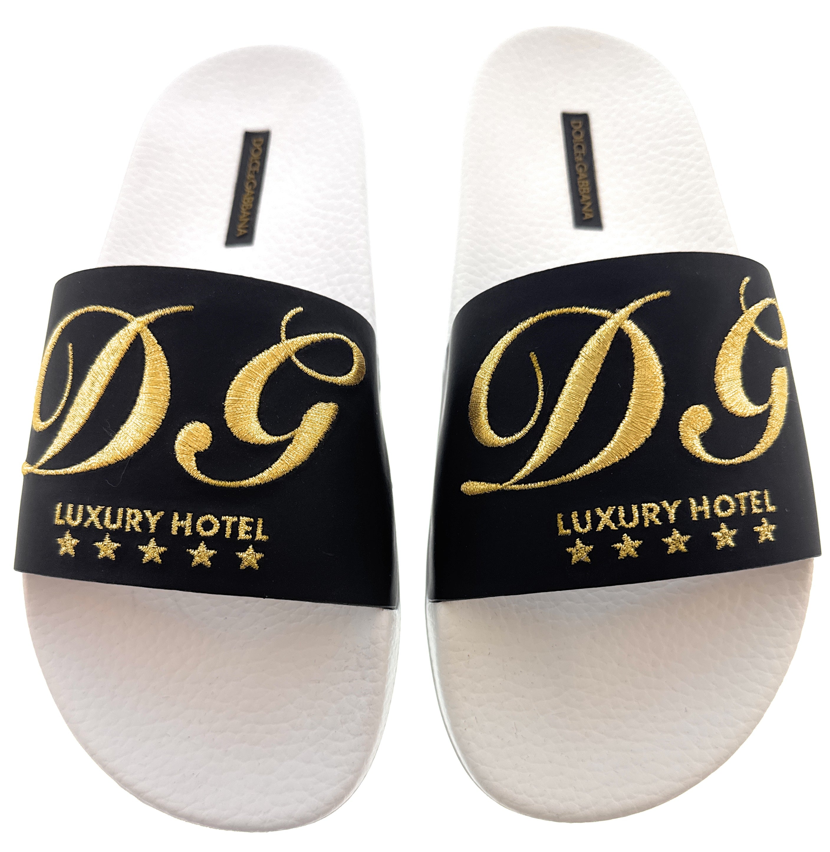 Dolce & Gabbana Men's Black & White Logo Slides Gold Embroidery Luxury Hotel Collection-EU39