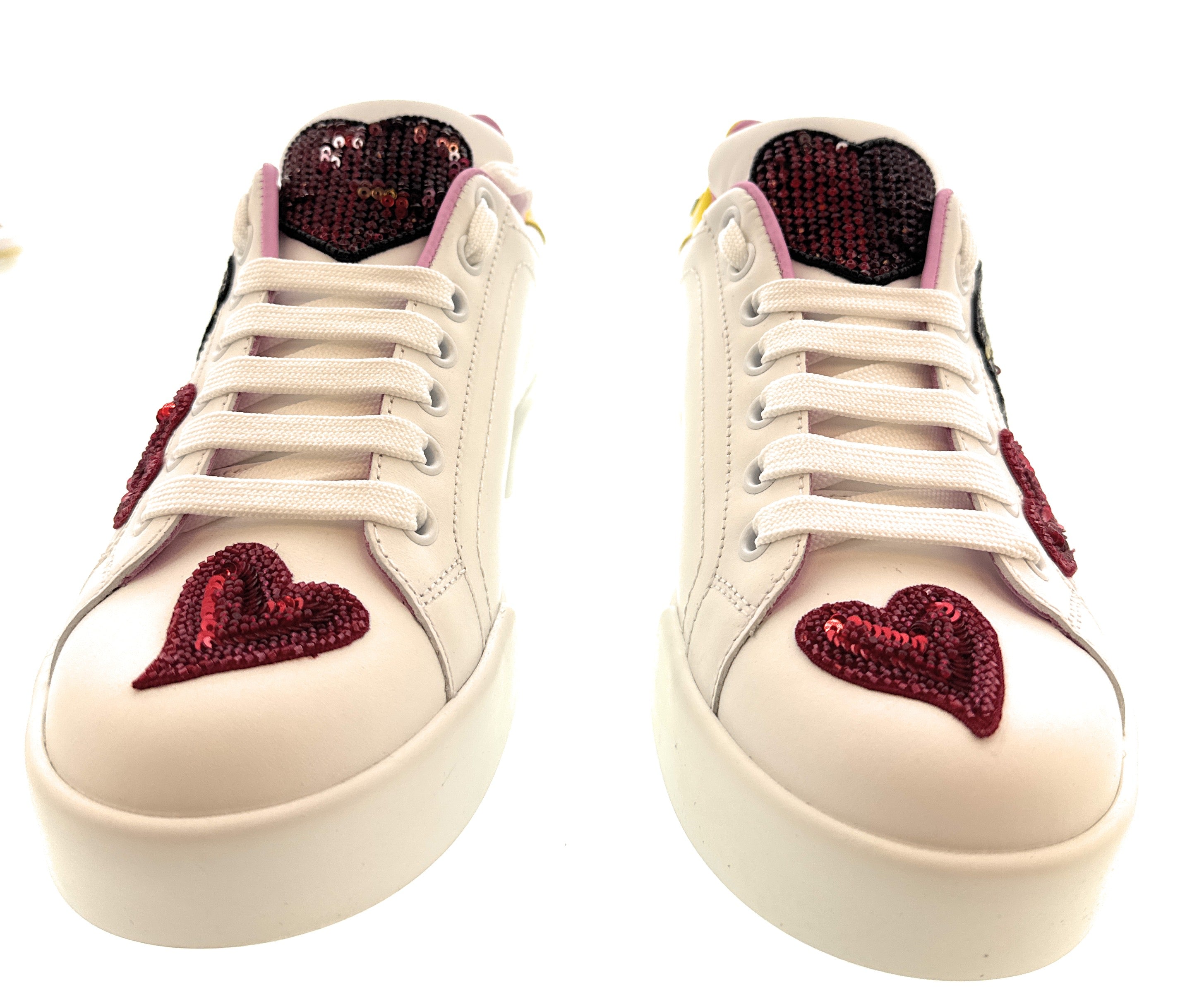 Dolce & Gabbana White Sequin Heart Embellished Sneakers-35