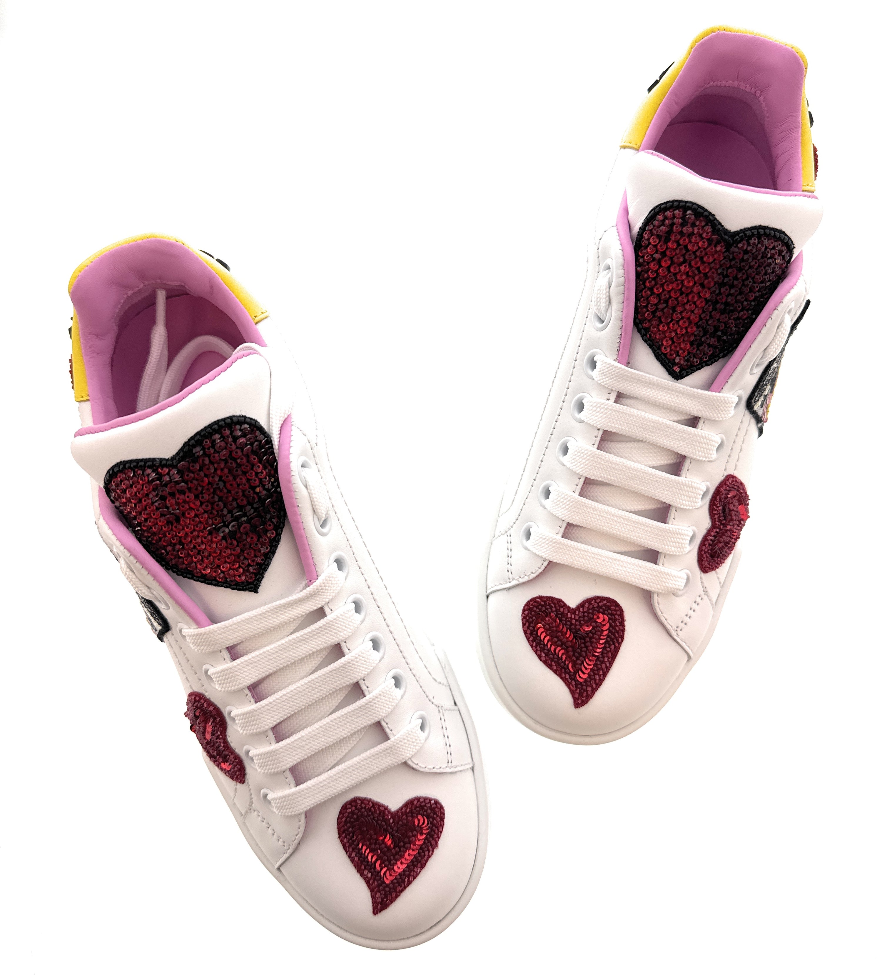 Dolce & Gabbana White Sequin Heart Embellished Sneakers-35
