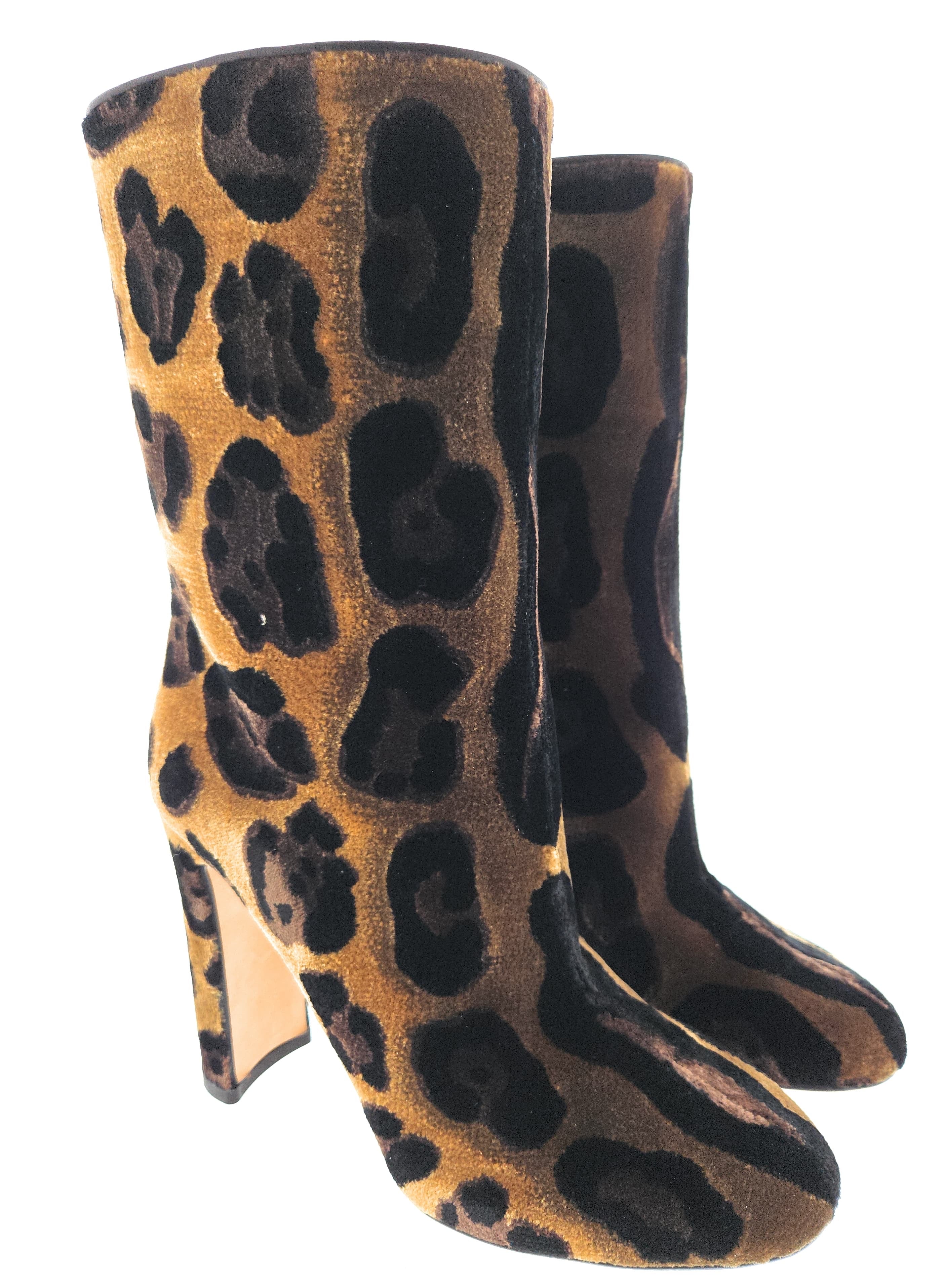 Dolce & Gabanna Brown Velvet Leopard Calf Slip On Boots-36
