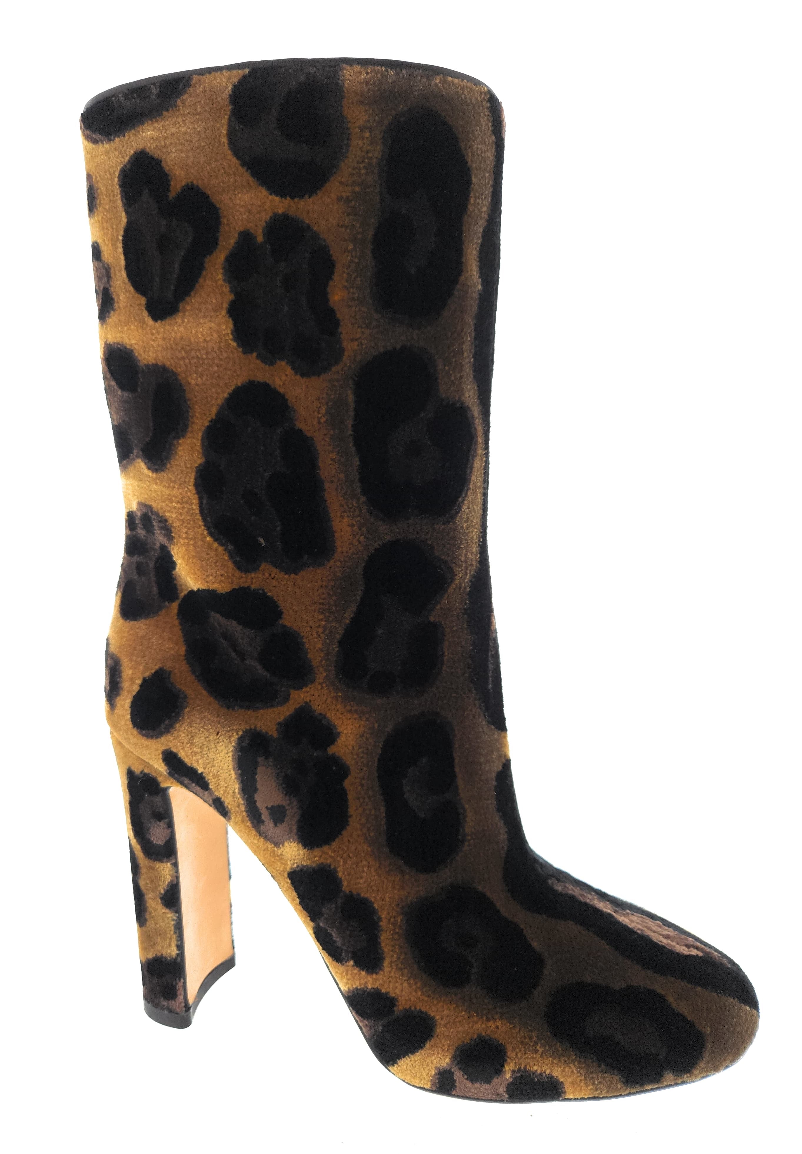 Dolce & Gabanna Brown Velvet Leopard Calf Slip On Boots-36