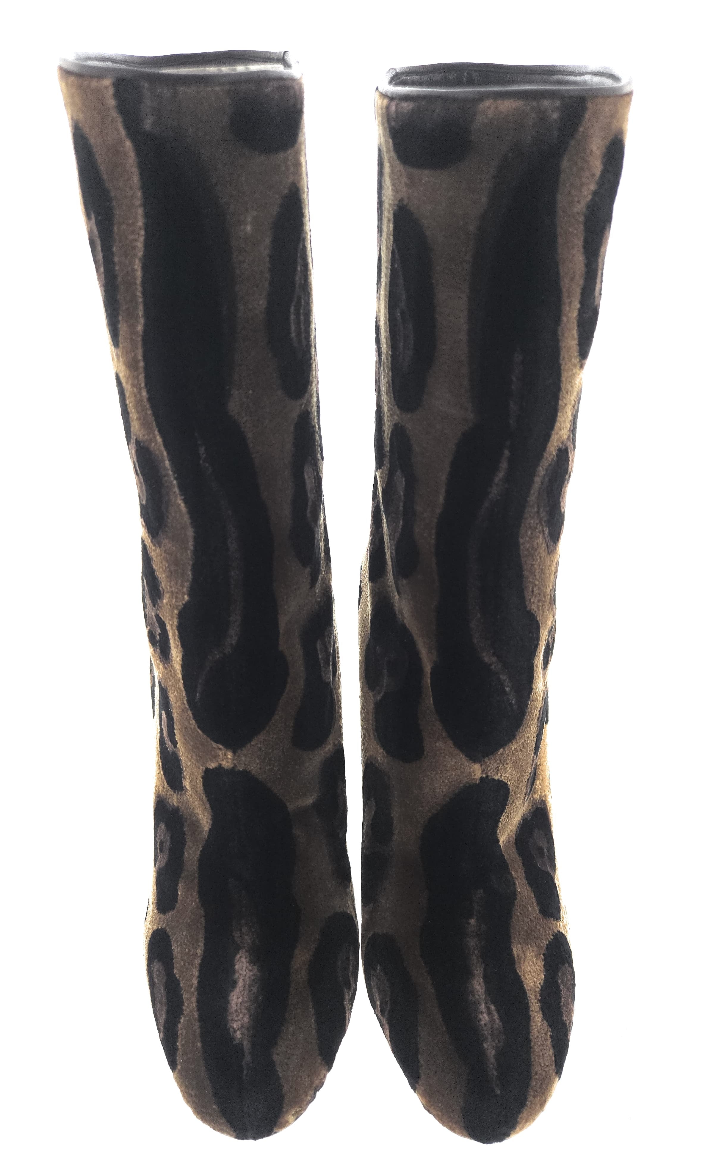 Dolce & Gabanna Brown Velvet Leopard Calf Slip On Boots-36