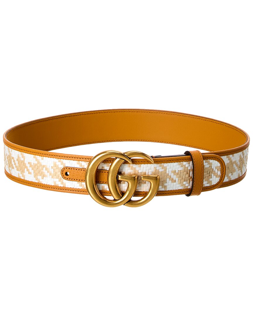 Gucci Gg Straw & Leather Belt 70 cm Brown Multi