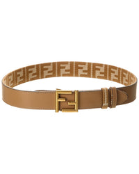 Fendi Ff Reversible Denim Jacquard & Leather Belt