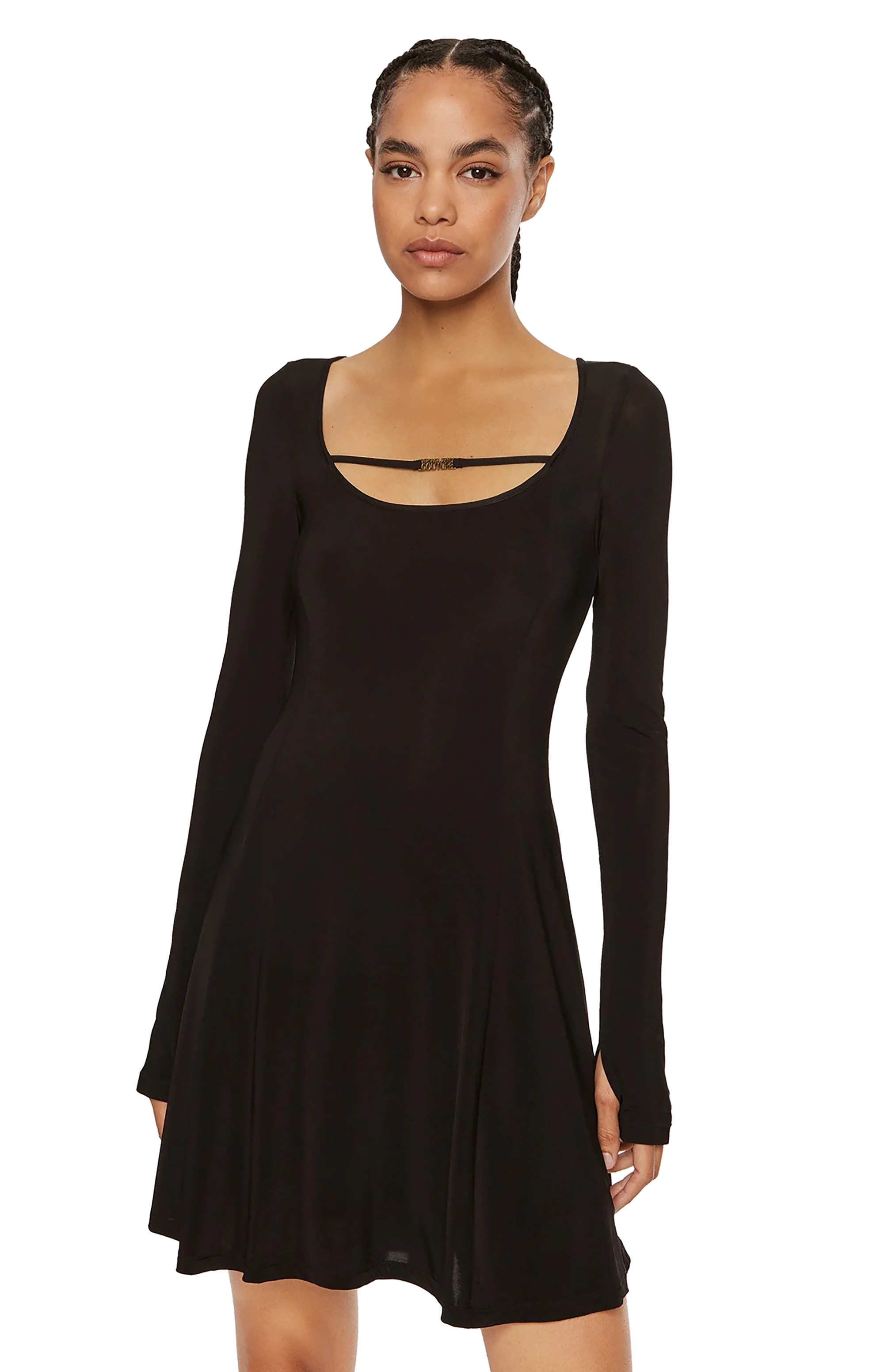 Versace Jeans Couture Versace Black Jersey Long-Sleeve Minidress with Scoopneck and Logo Charm Strap - Size 10 Versace Jeans Couture Versace Black Jersey Long-Sleeve Minidress with Scoopneck and Logo Charm Strap - Size 10
