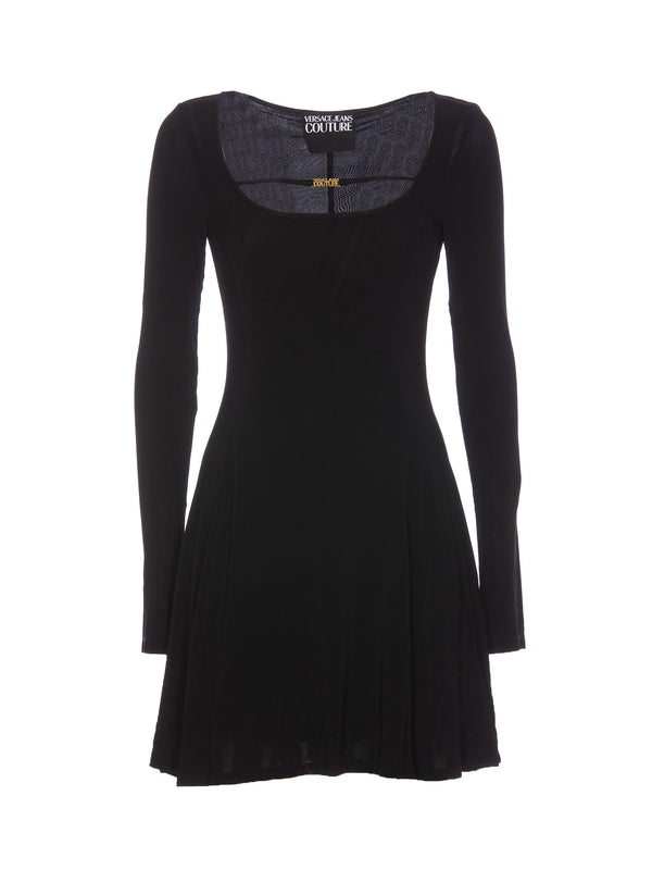 Versace Jeans Couture Versace Black Jersey Long-Sleeve Minidress with Scoopneck and Logo Charm Strap - Size 10 Versace Jeans Couture Versace Black Jersey Long-Sleeve Minidress with Scoopneck and Logo Charm Strap - Size 10