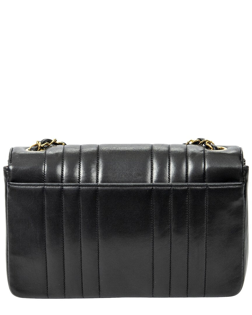 Chanel Chanel Black Quilted Vertical Lambskin Leather Vertical Stitch Single Flap