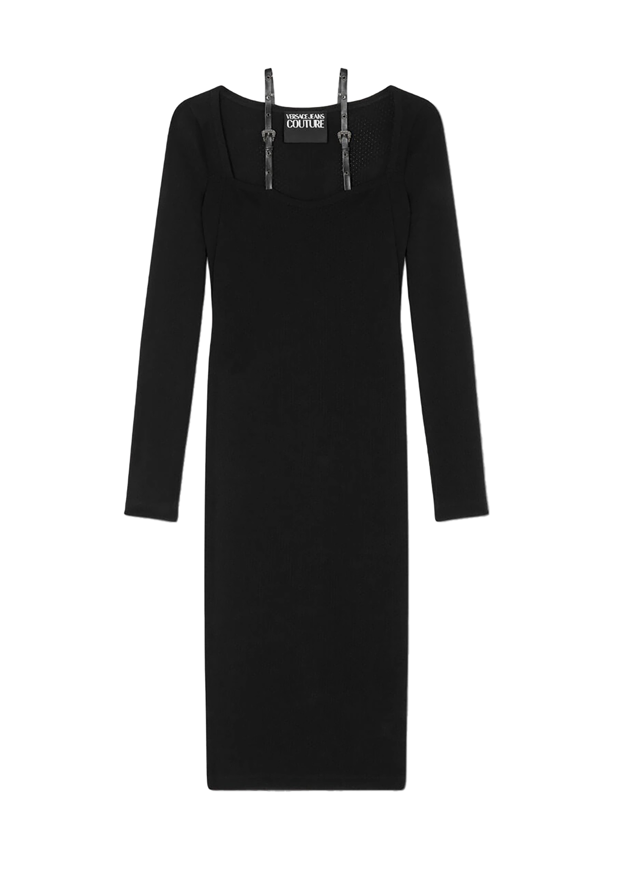 Versace Jeans Couture Long Sleeve Fitted Black Dress with Logo Strap