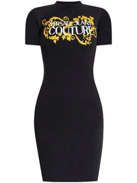 ersace Jeans Couture Black Fitted Logo Dress with Gold Baroque Print