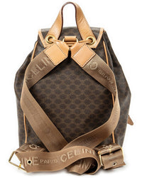 CELINE Celine Brown & Tan Macadam Coated Canvas Small Flap Drawstring Backpack
