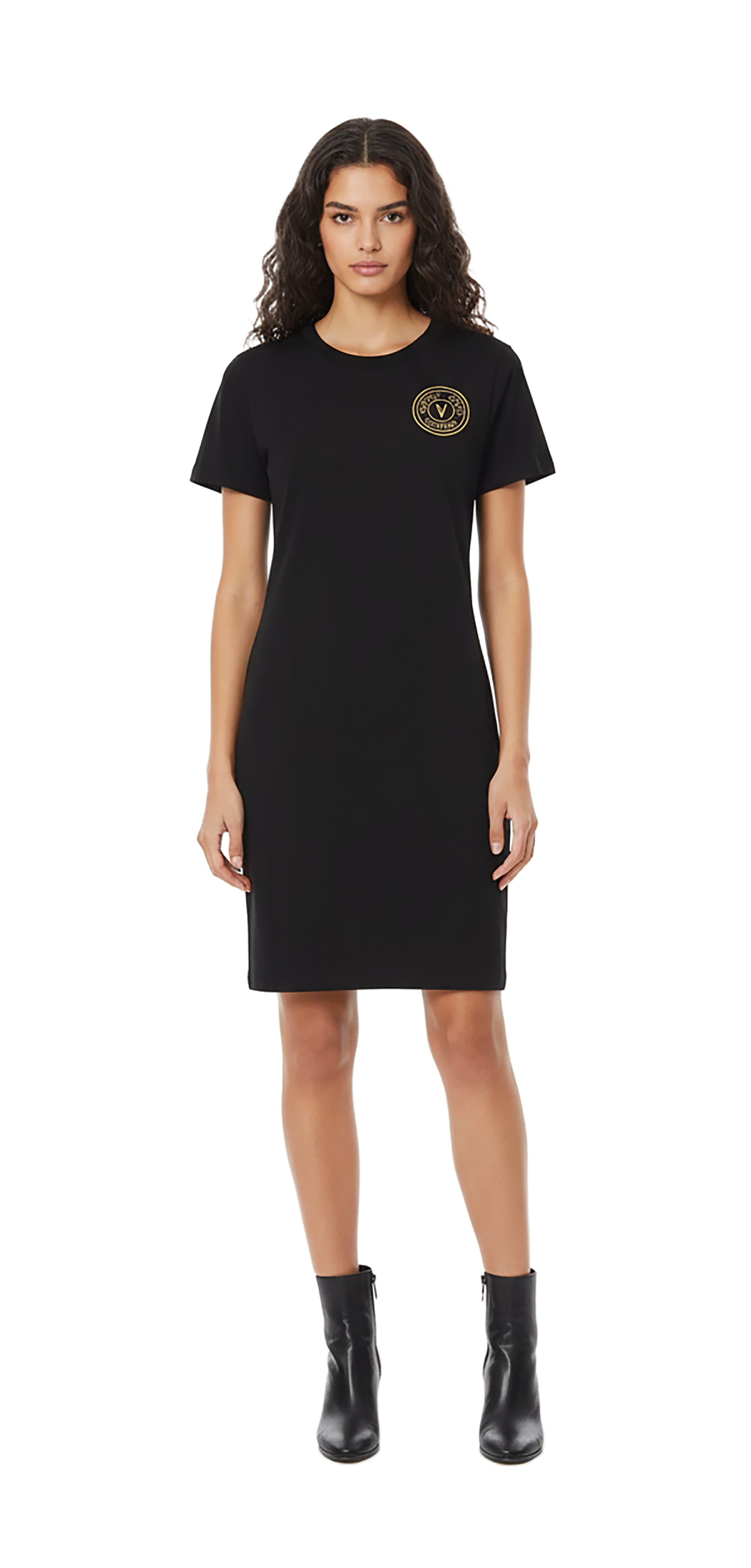 Versace Jeans Couture Black T-Shirt Dress with Gold Crest Logo
