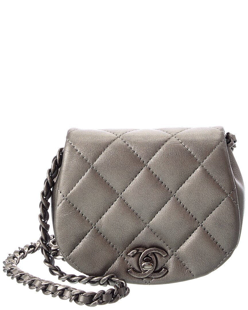 Pre-Owned Chanel Grey & Silver Calfskin Chain Shoulder Bag (Authentic Pre-Loved)