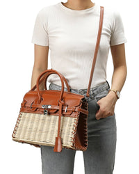 Tiffany & Fred Paris Smooth Leather & Straw Top Handle Satchel