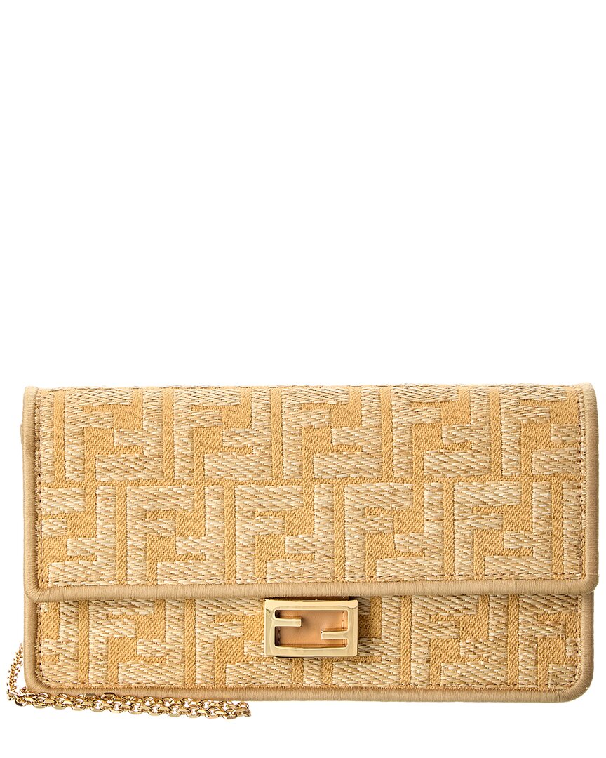 FENDI Fendi Baguette Ff Jacquard Raffia & Leather Wallet On Chain