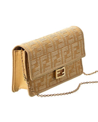 FENDI Fendi Baguette Ff Jacquard Raffia & Leather Wallet On Chain