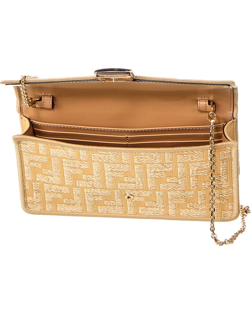 FENDI Fendi Baguette Ff Jacquard Raffia & Leather Wallet On Chain