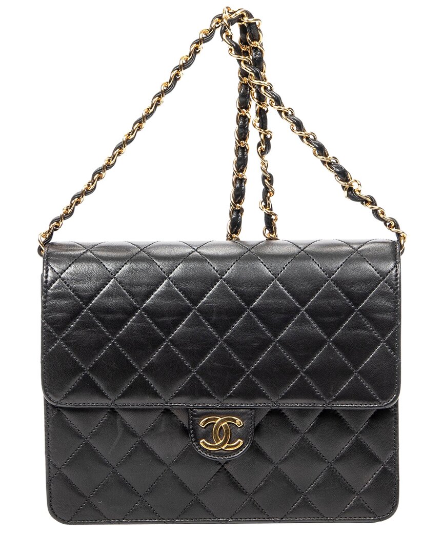 Chanel Chanel Black Quilted Lambskin Leather Cc Push Lock Straight Single Flap
