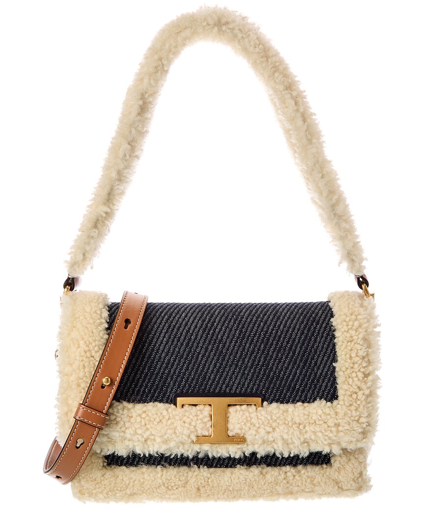 TOD's Tods T Timeless Denim & Shearling Shoulder Bag