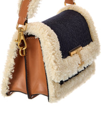 TOD's Tods T Timeless Denim & Shearling Shoulder Bag