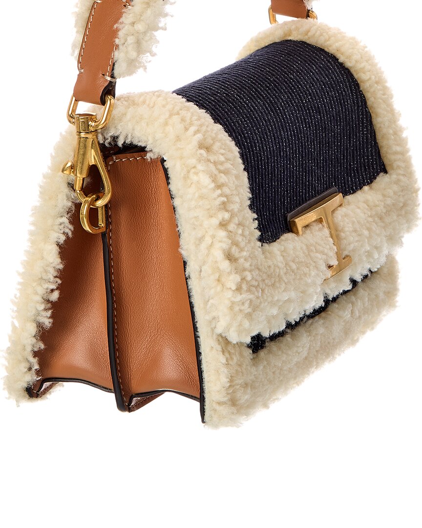 TOD's Tods T Timeless Denim & Shearling Shoulder Bag