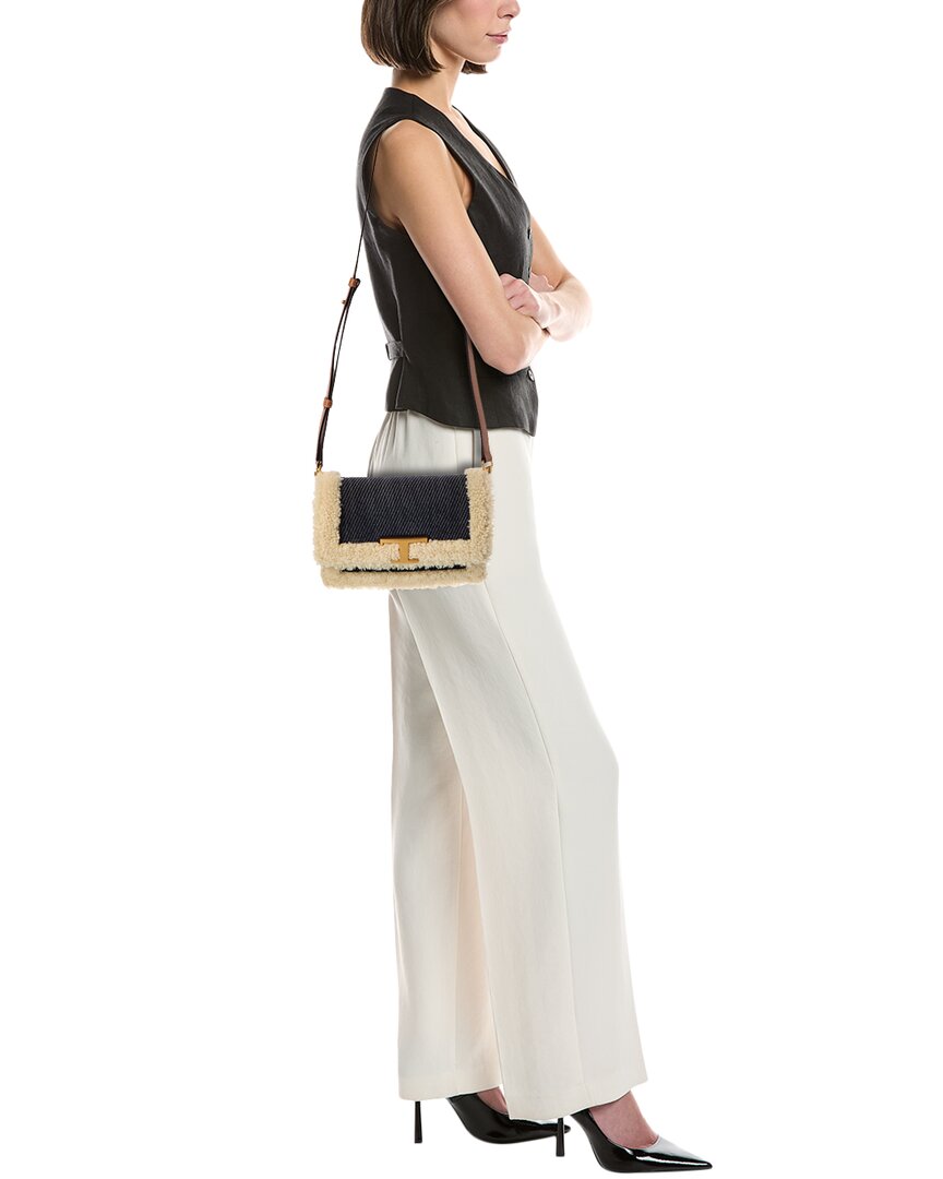 TOD's Tods T Timeless Denim & Shearling Shoulder Bag