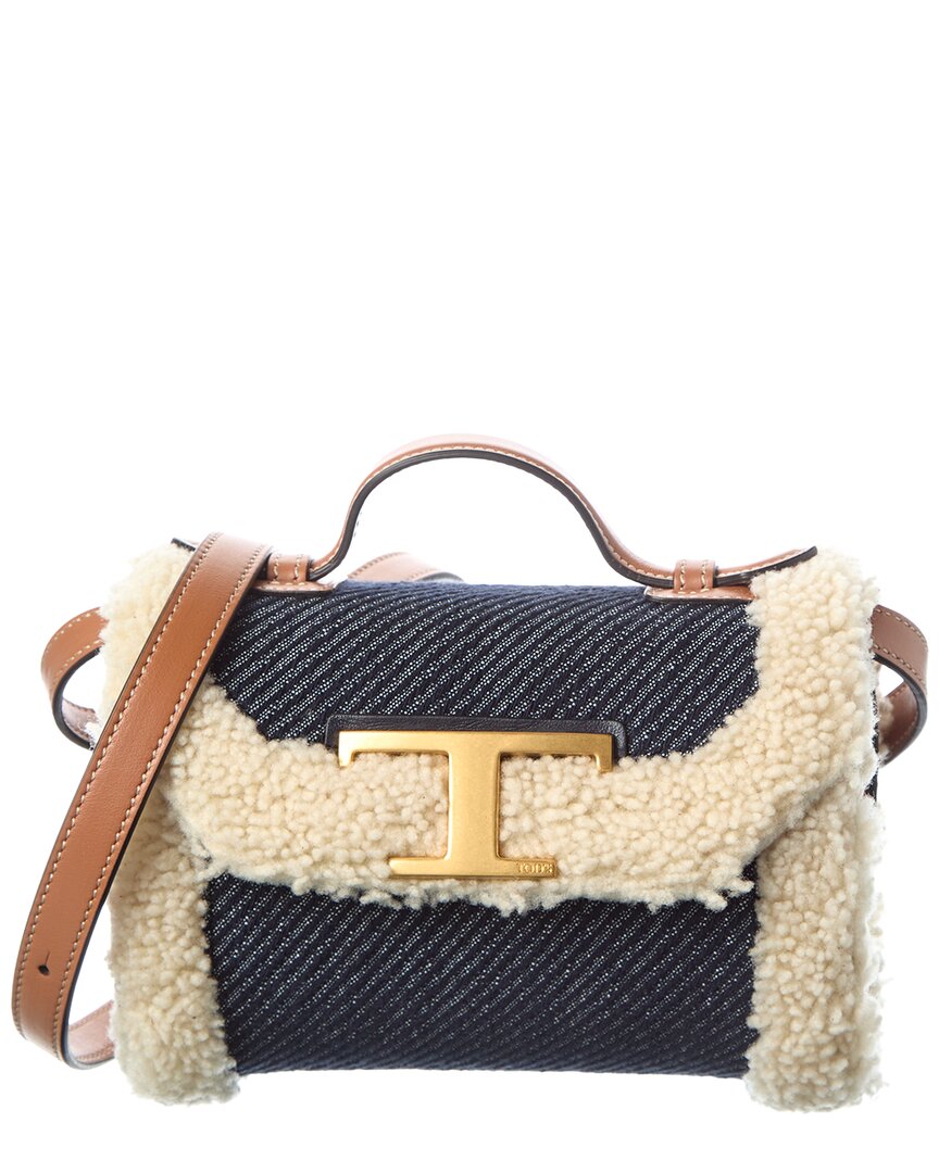 Tod’S T Timeless Denim & Shearling Shoulder Bag