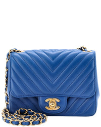 Chanel Chanel Blue Lambskin Chevron Quilted Leather Square Classic Single Flap, Never