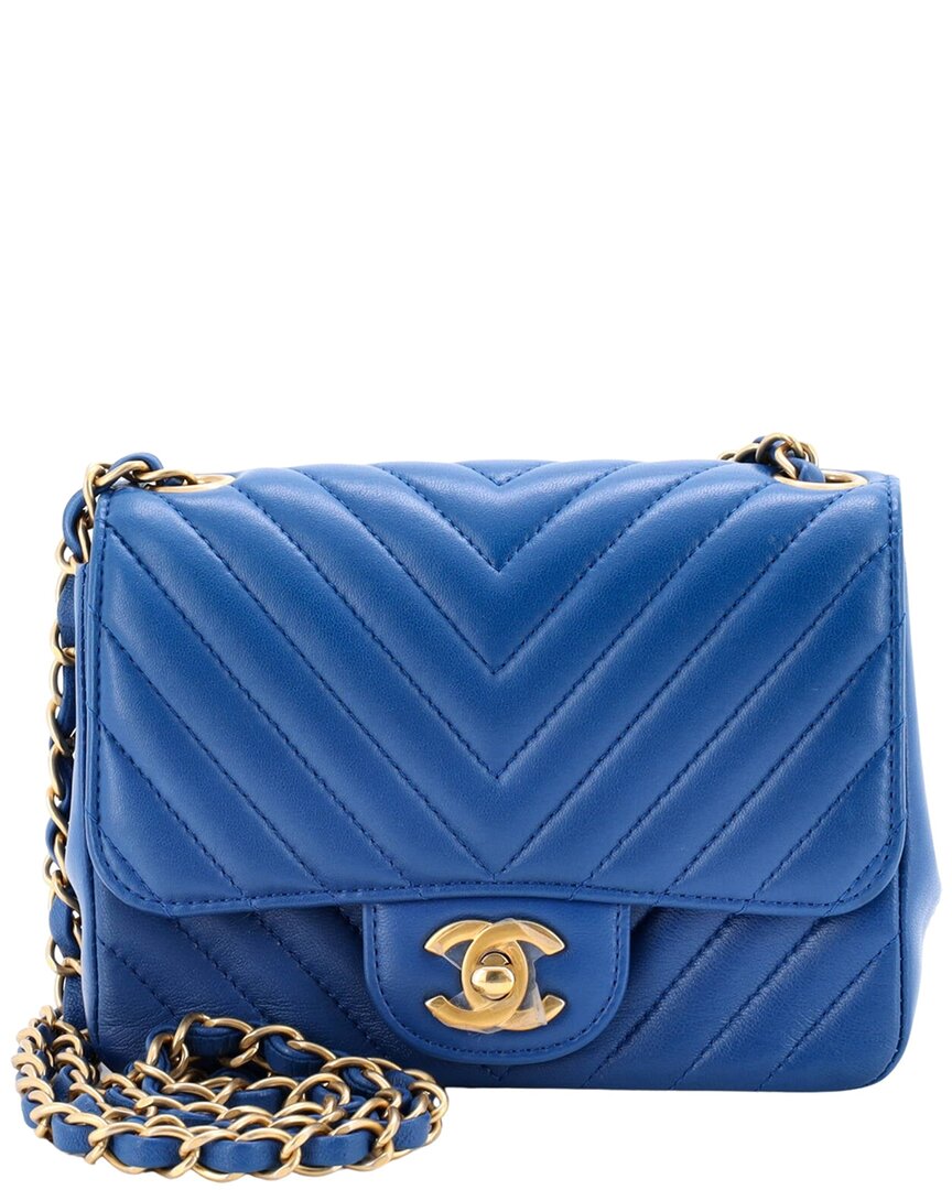 Chanel Chanel Blue Lambskin Chevron Quilted Leather Square Classic Single Flap, Never