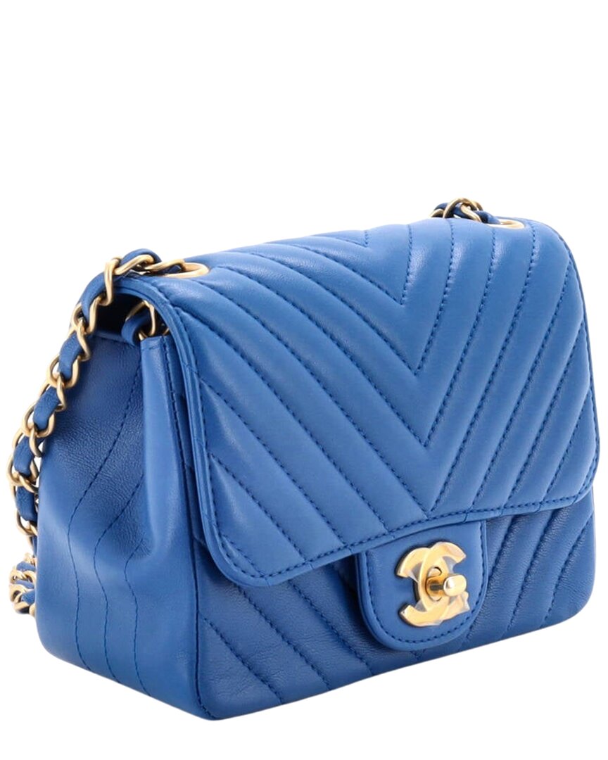 Chanel Chanel Blue Lambskin Chevron Quilted Leather Square Classic Single Flap, Never