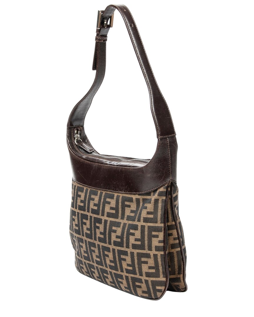 FENDI Fendi Tan & Dark Brown Zucca Canvas Square Zip Hobo (Authentic Pre-Loved)