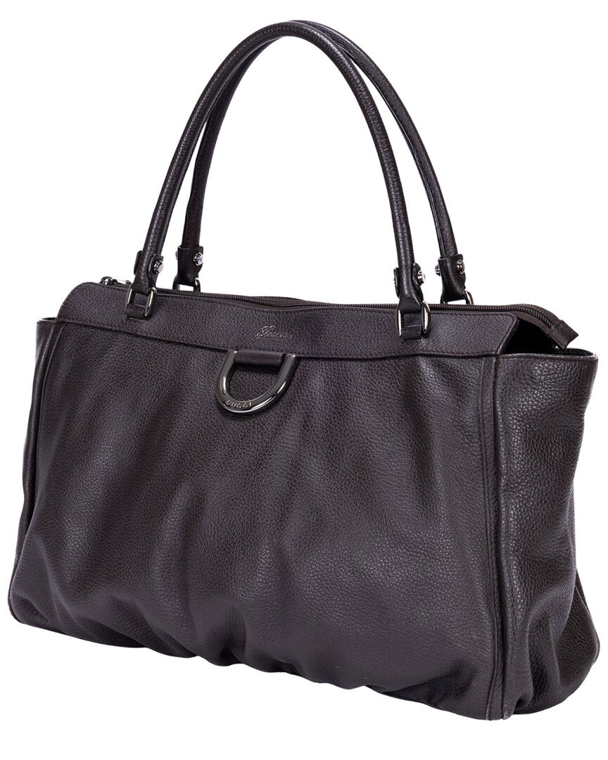 Gucci Gucci Dark Brown Calfskin Grained Leather D-Ring Abbey Zip Tote (Authentic