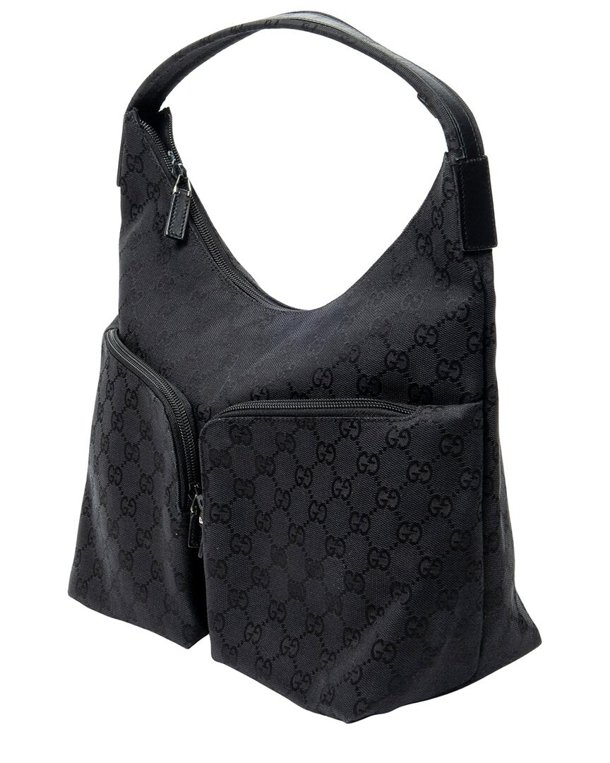 Gucci Gucci Black Monogrammed Canvas Double Pocket Hobo (Authentic Pre-Loved)