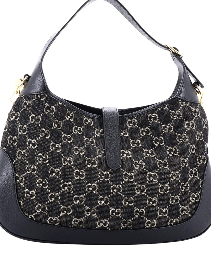 Gucci Gucci Black Gg Print Denim Canvas Jackie 1961 Hobo, Never Carried (Authentic