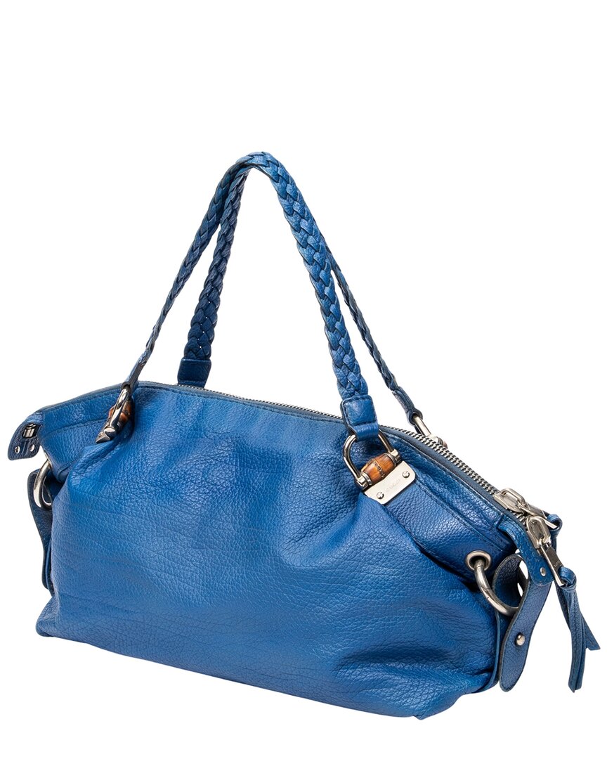 Gucci Gucci Royal Blue Pebbled Calfskin Leather Large Bamboo Bar Boston (Authentic