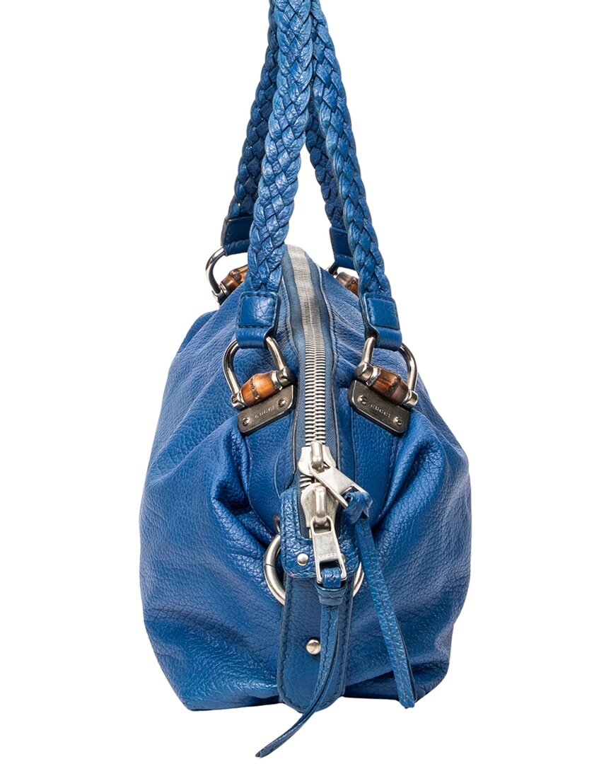 Gucci Gucci Royal Blue Pebbled Calfskin Leather Large Bamboo Bar Boston (Authentic