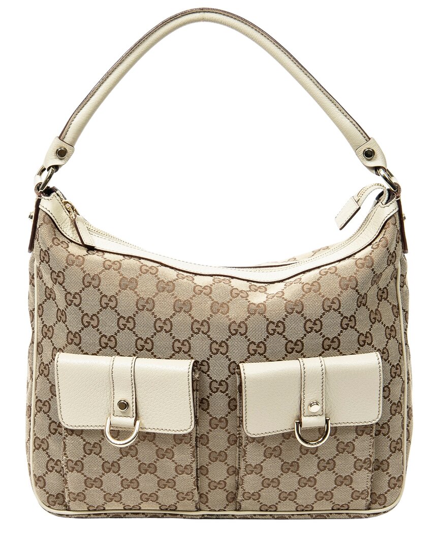 Gucci Gucci Beige & Ivory Monogrammed Canvas Medium Abbey Pocket Hobo (Authentic