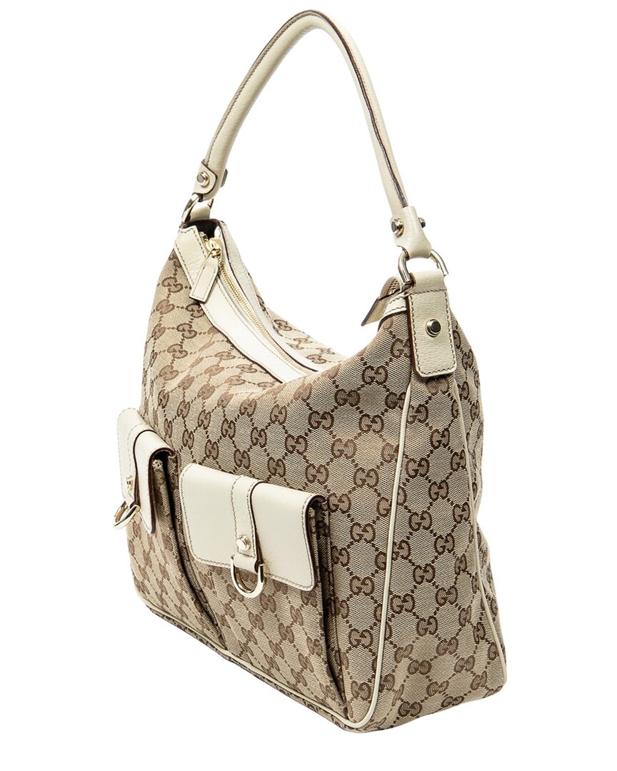 Gucci Gucci Beige & Ivory Monogrammed Canvas Medium Abbey Pocket Hobo (Authentic