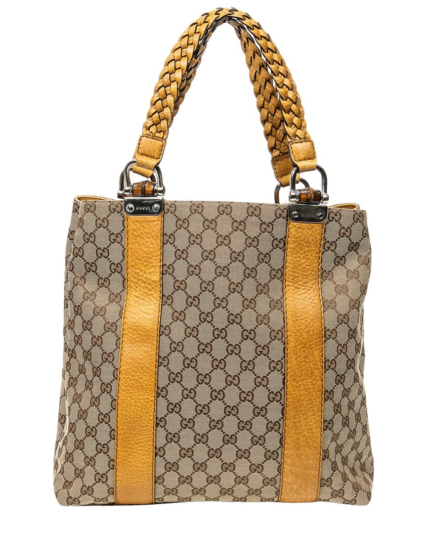 Gucci Gucci Yellow & Beige Monogrammed Canvas Vertical Bamboo Bar Shopper Tote