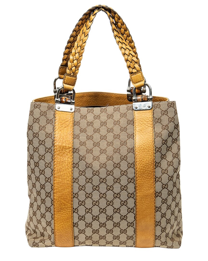 Gucci Gucci Yellow & Beige Monogrammed Canvas Vertical Bamboo Bar Shopper Tote