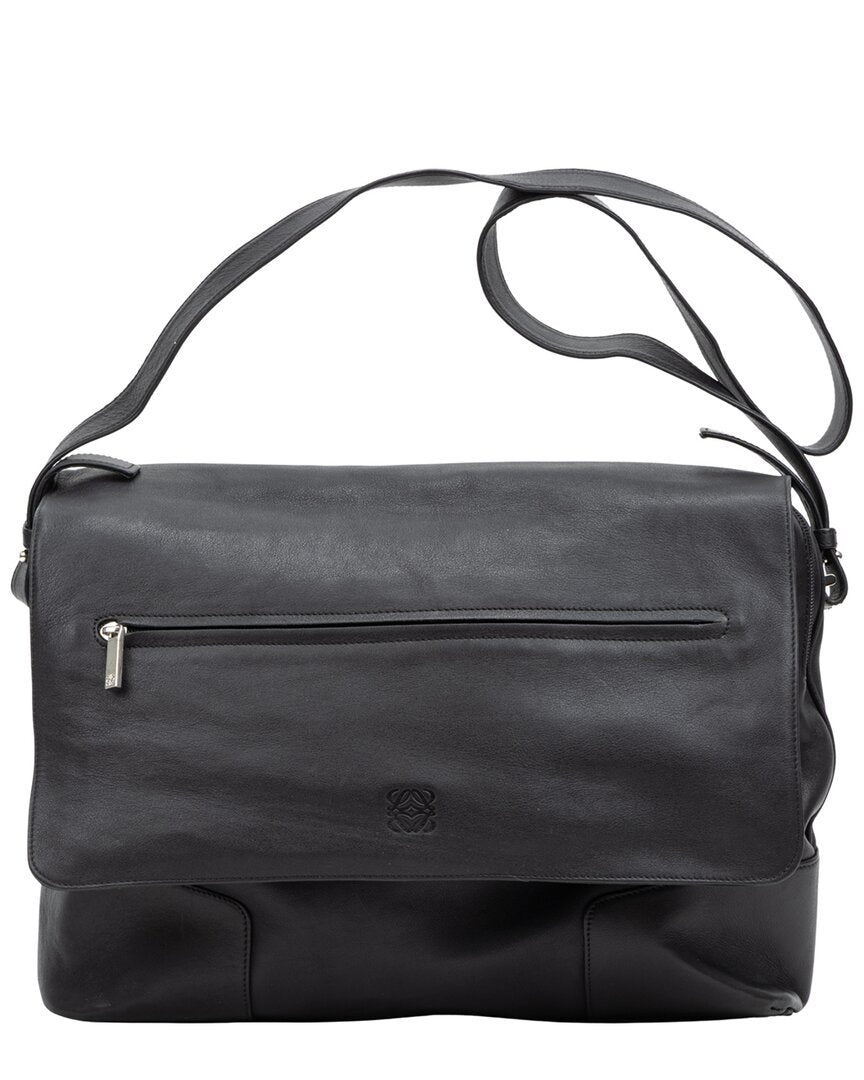 Loewe Loewe Black Grained Calfskin Leather Front Zip Messenger Bag (Authentic Pre-