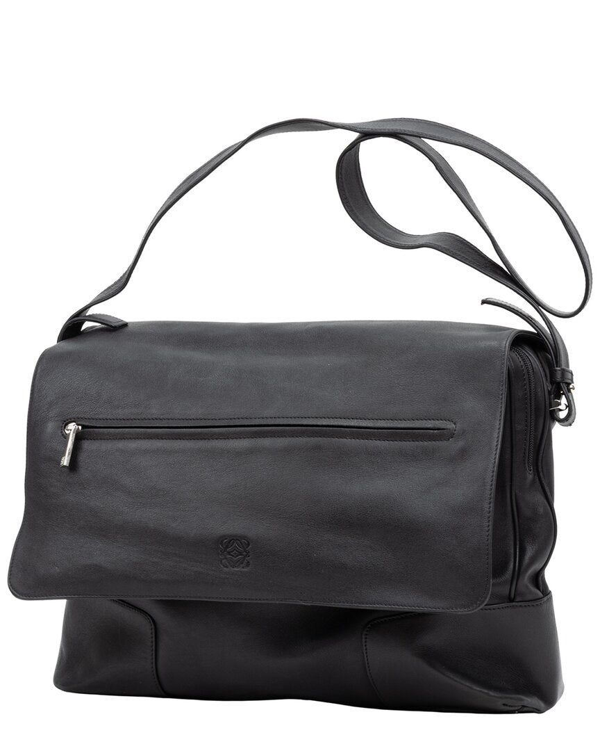Loewe Loewe Black Grained Calfskin Leather Front Zip Messenger Bag (Authentic Pre-