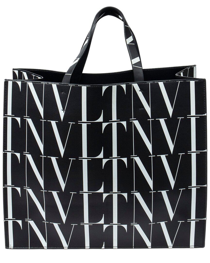 Valentino Valentino Black & White Logo Print Smooth Leather Large Vltn Times Tote