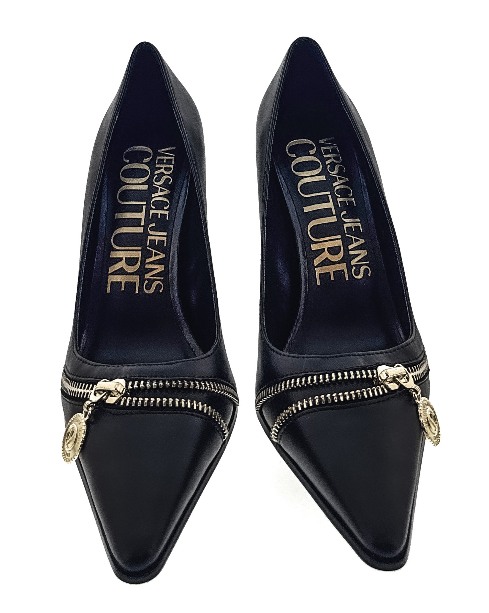 Versace Jeans Couture Black Pointed Toe Pumps with Gold Zip Detail