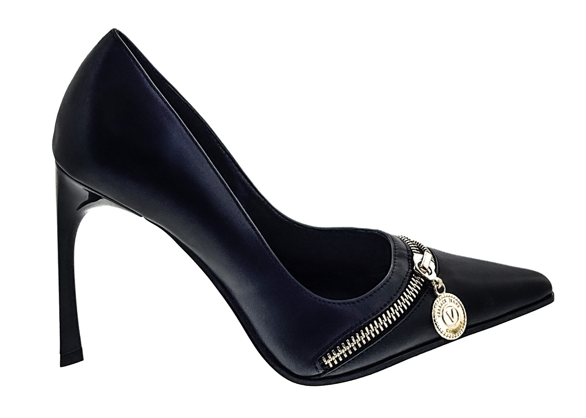 Versace Jeans Couture Black Pointed Toe Pumps with Gold Zip Detail