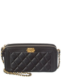 Chanel Black Lambskin Leather Quilted Small Boy Clutch With Chain (Authentic