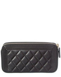 Chanel Black Lambskin Leather Quilted Small Boy Clutch With Chain (Authentic