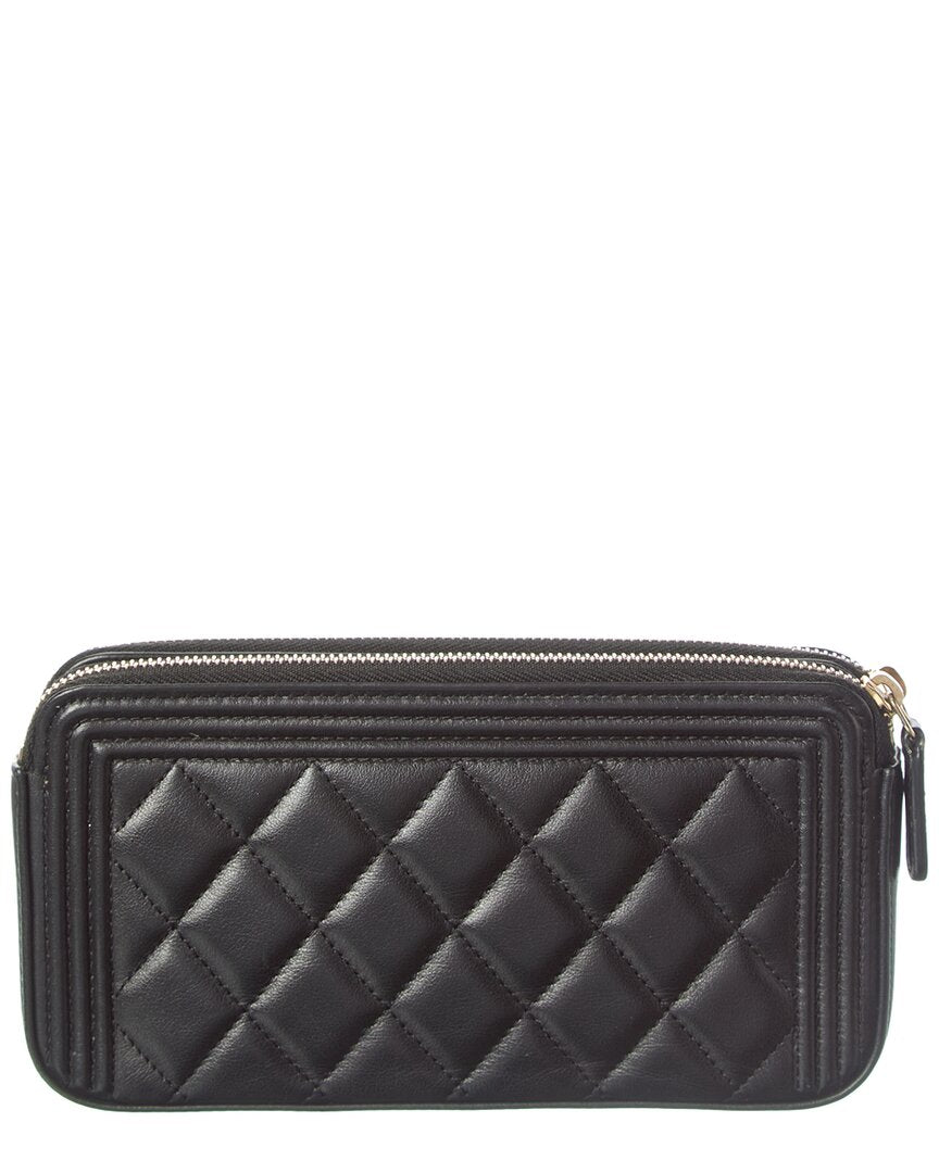 Chanel Black Lambskin Leather Quilted Small Boy Clutch With Chain (Authentic