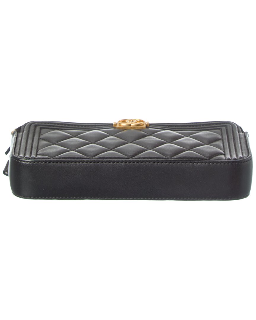 Chanel Black Lambskin Leather Quilted Small Boy Clutch With Chain (Authentic