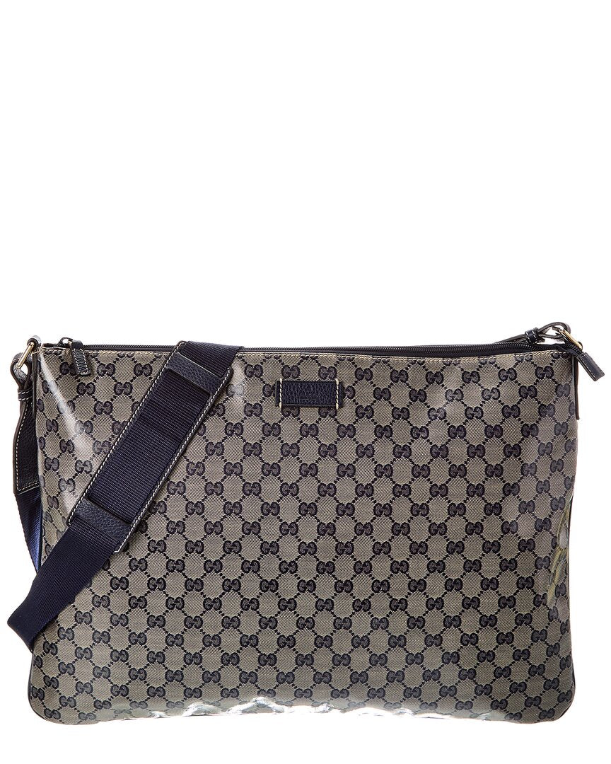 Gucci Gucci Navy Canvas & Leather Wide Flat Messenger (Authentic Pre-Loved)