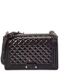Chanel Chanel Black Quilted Patent Leather New Medium Plexiglass Boy Flap (Authentic